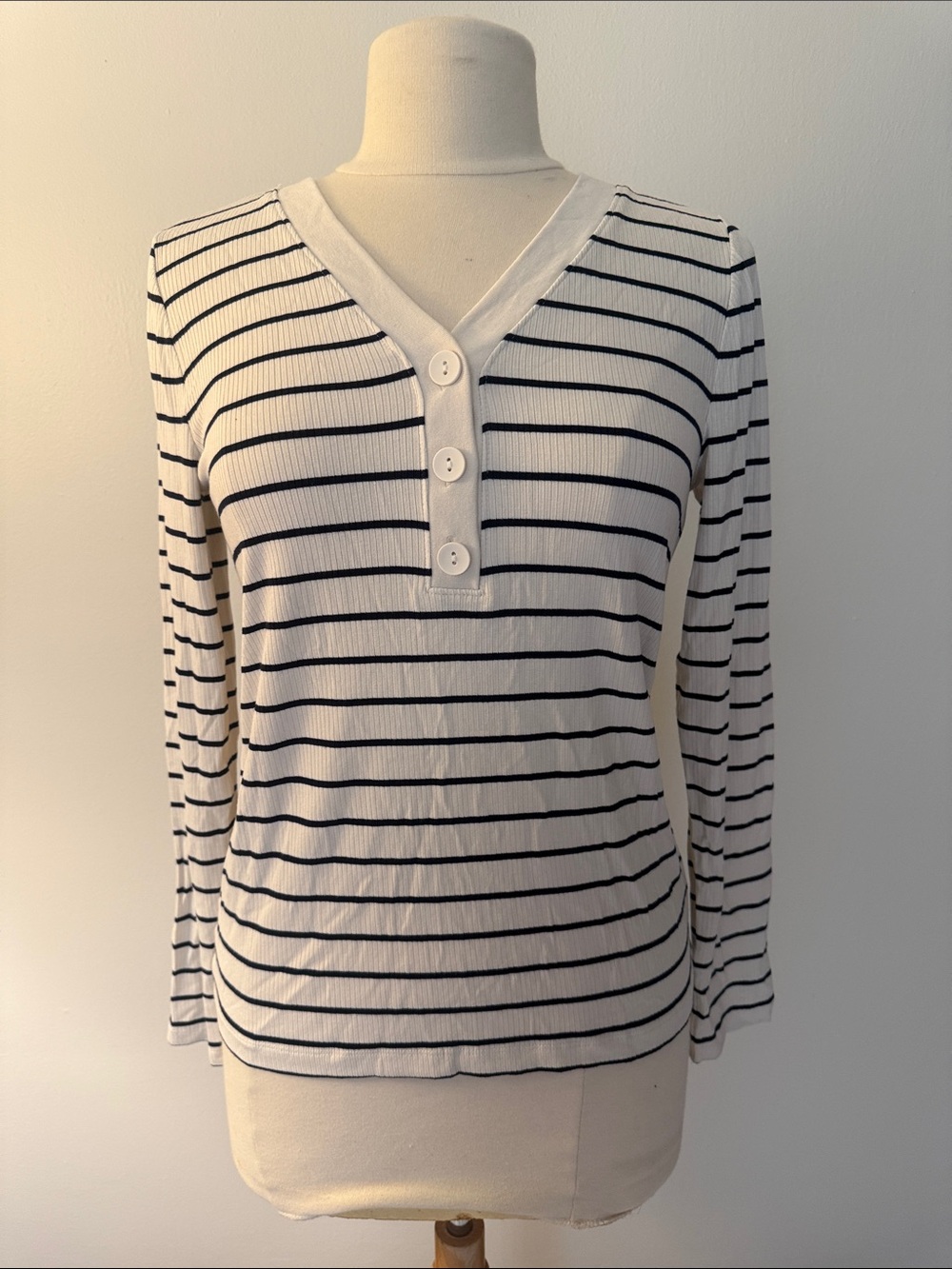 LOFT White Long Sleeve Henley with Black Stripes